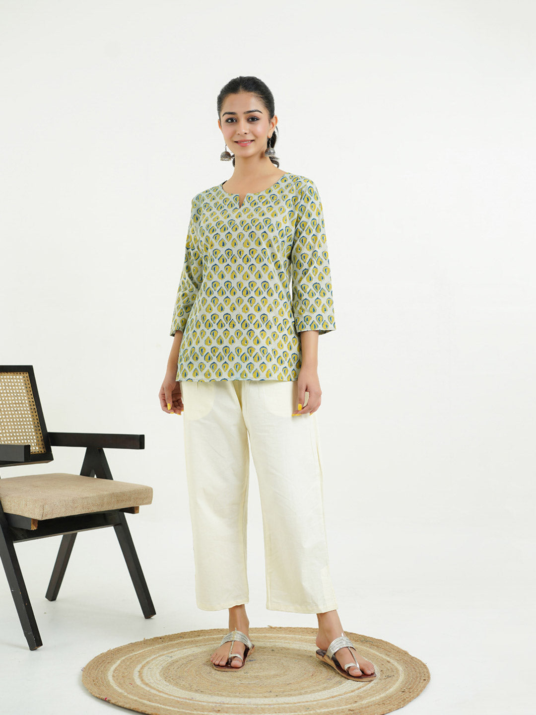 3/4th Sleeves Block Printed Cotton Top Indigo