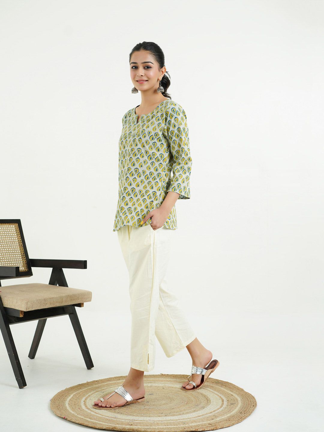 3/4th Sleeves Block Printed Cotton Top Indigo