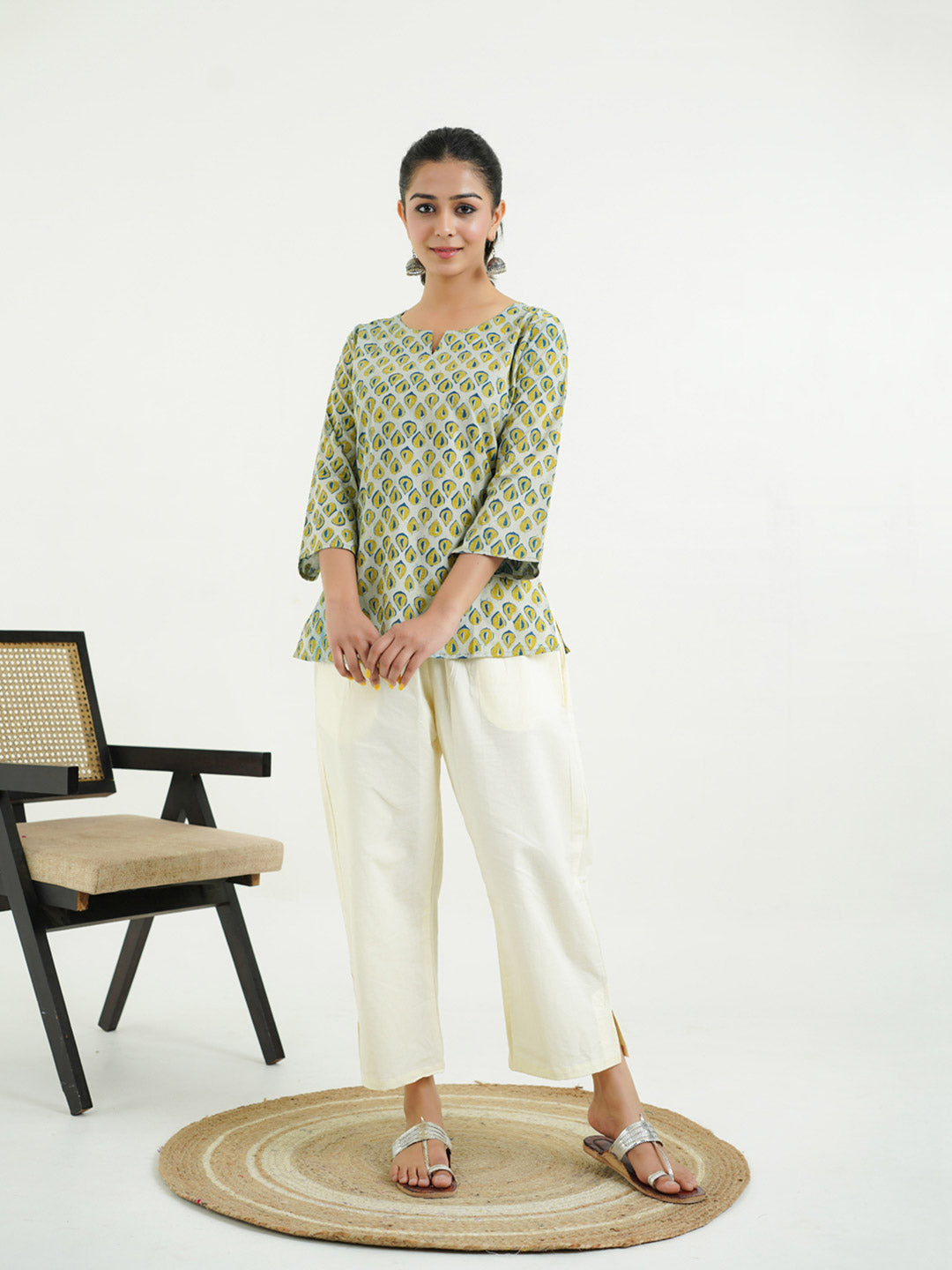 3/4th Sleeves Block Printed Cotton Top Indigo