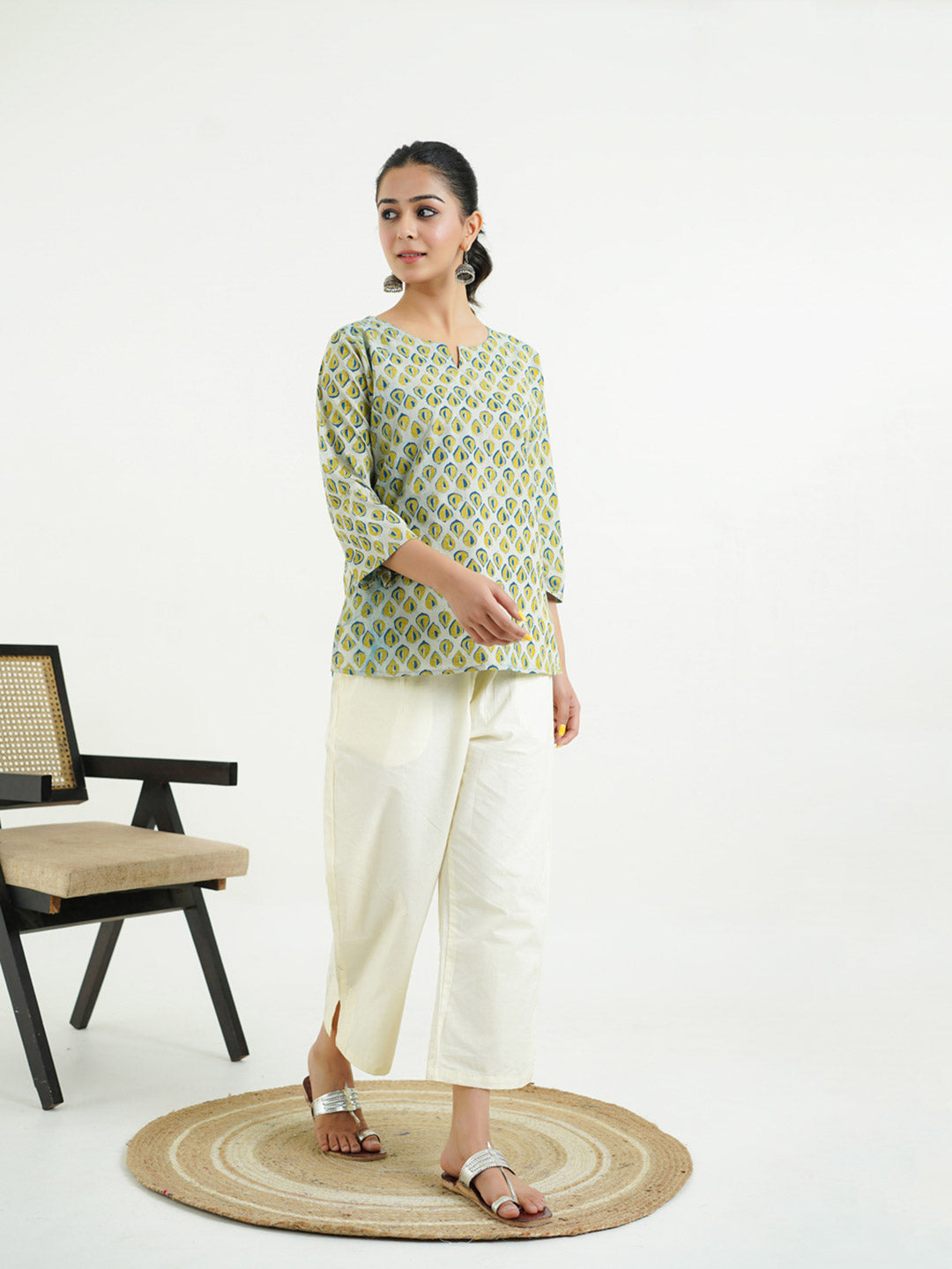 3/4th Sleeves Block Printed Cotton Top Indigo