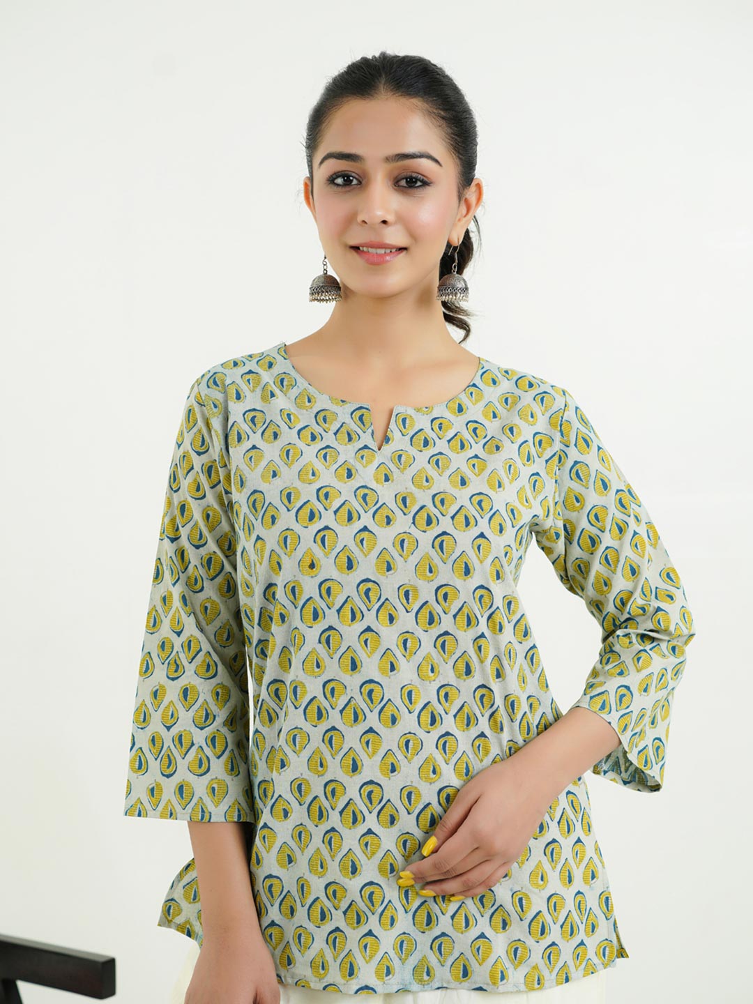 3/4th Sleeves Block Printed Cotton Top Indigo