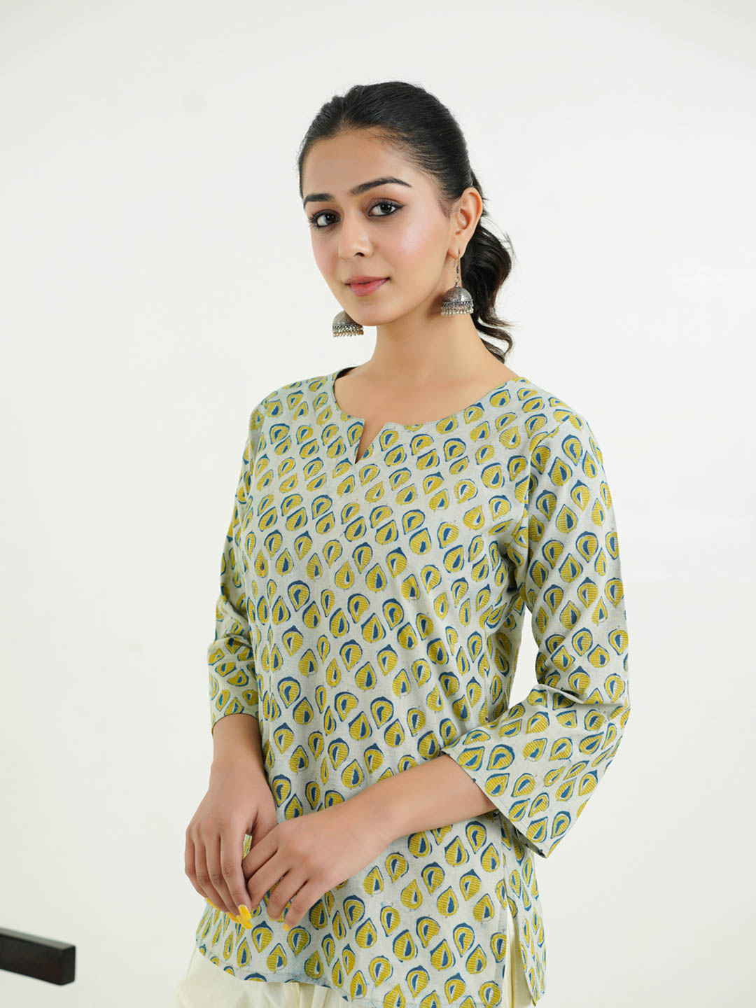3/4th Sleeves Block Printed Cotton Top Indigo