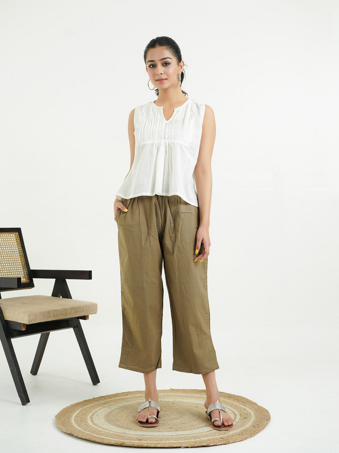 Cotton Solid Ankle Length Pants Khaki