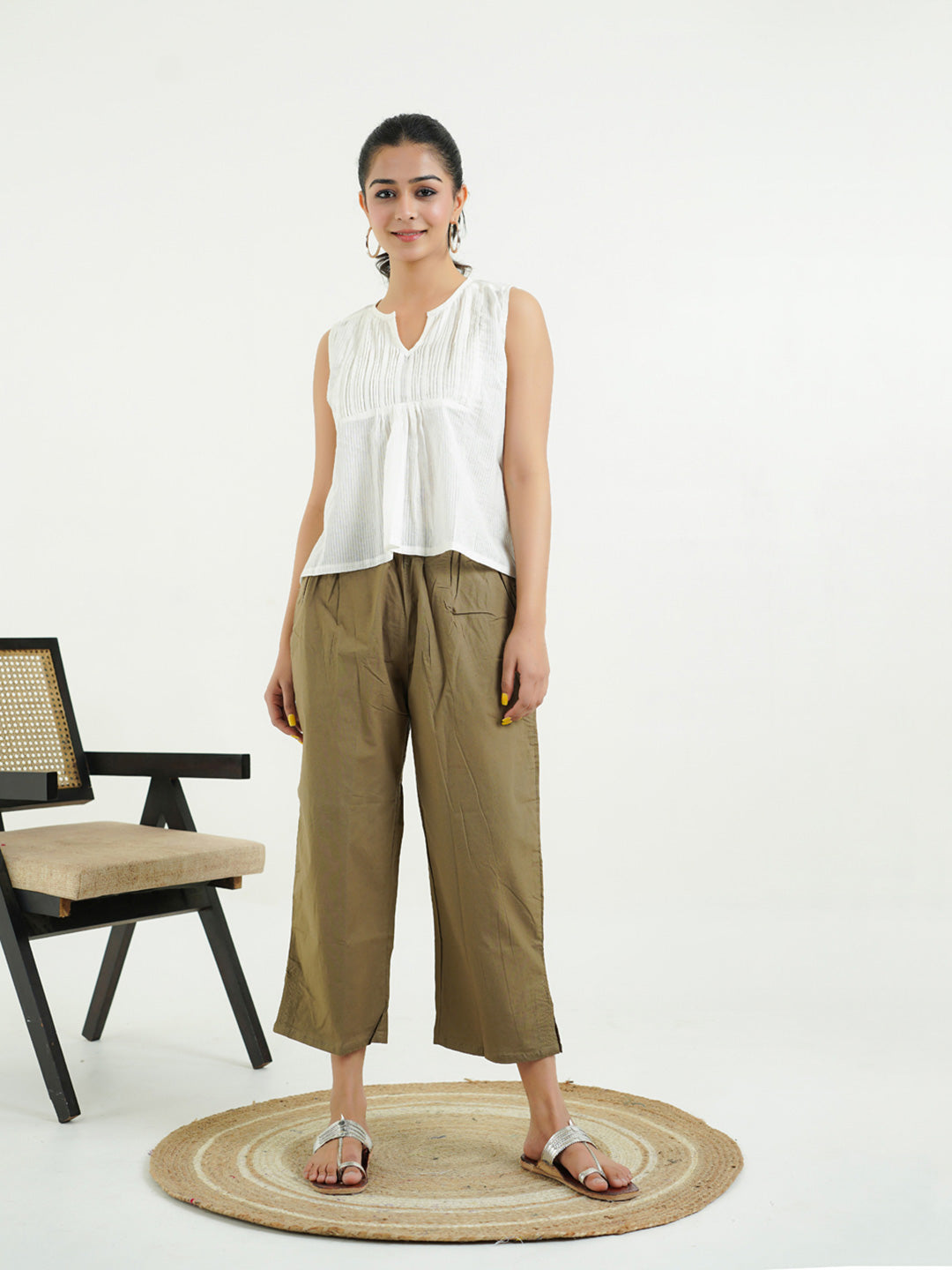 Cotton Solid Ankle Length Pants Khaki