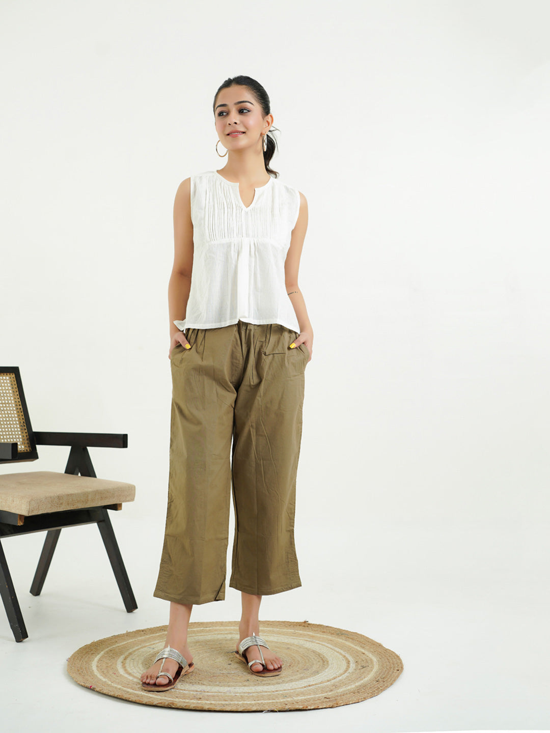 Cotton Solid Ankle Length Pants Khaki