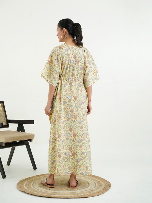 Block-Printed Cotton Long Kaftan Yellow