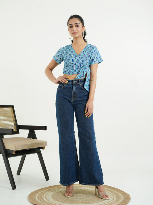 V-Neck Wrap Crop Top Aqua Blue