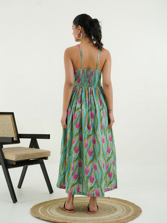 V-Neck Long Strappy Dress Green-Flower