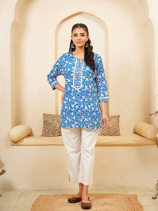 Block-Printed Cotton Zoya Kurti Blue