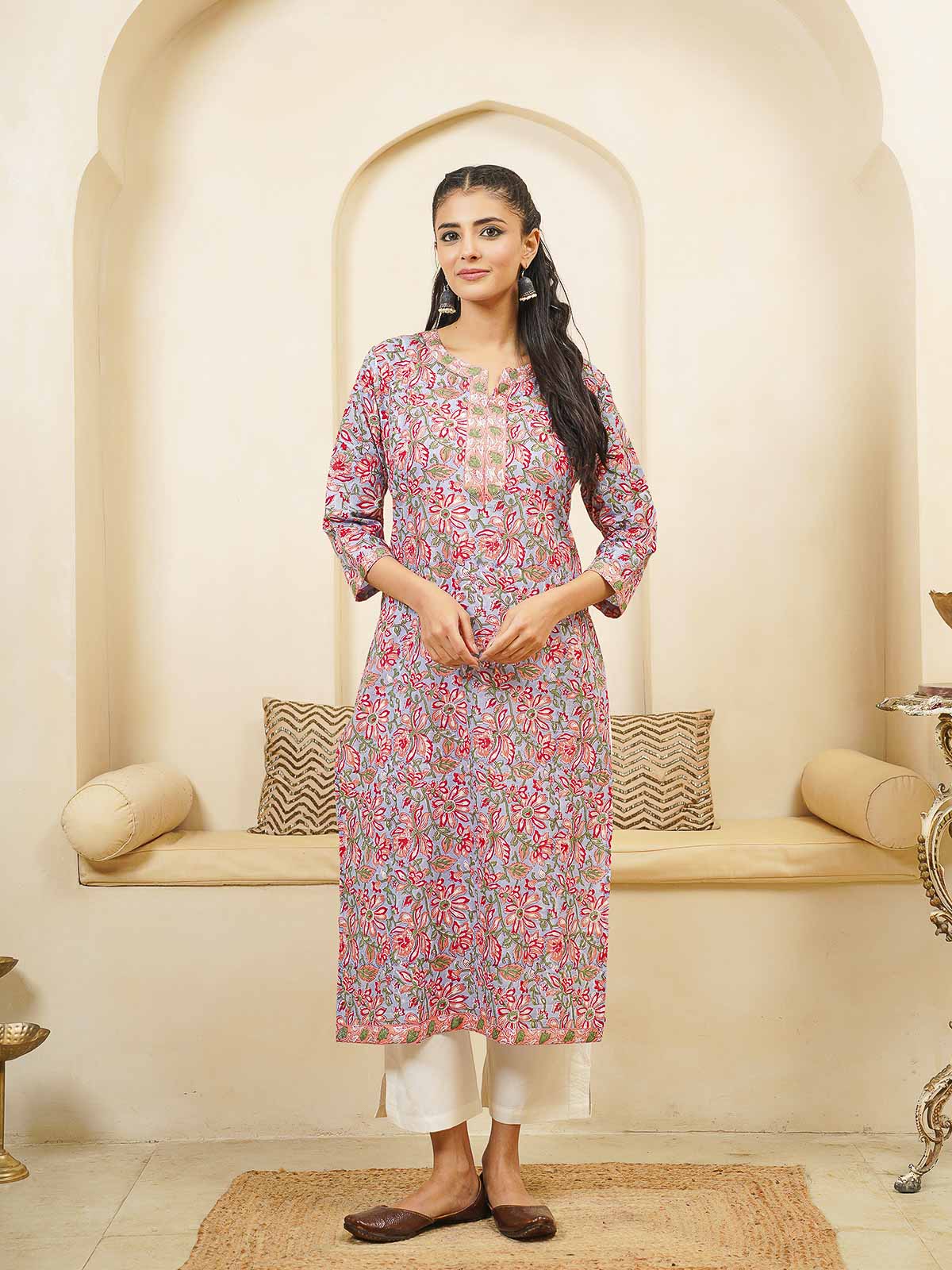Cotton Block Printed Long Kurta Grey Pink