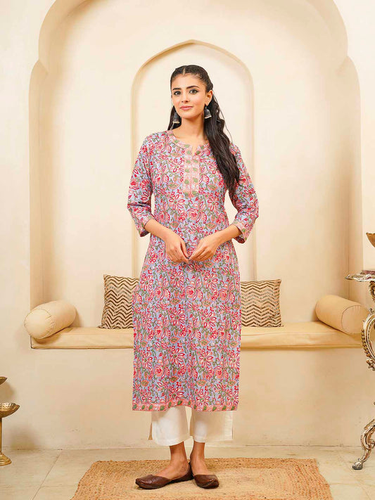 Cotton Block Printed Long Kurta Grey Pink