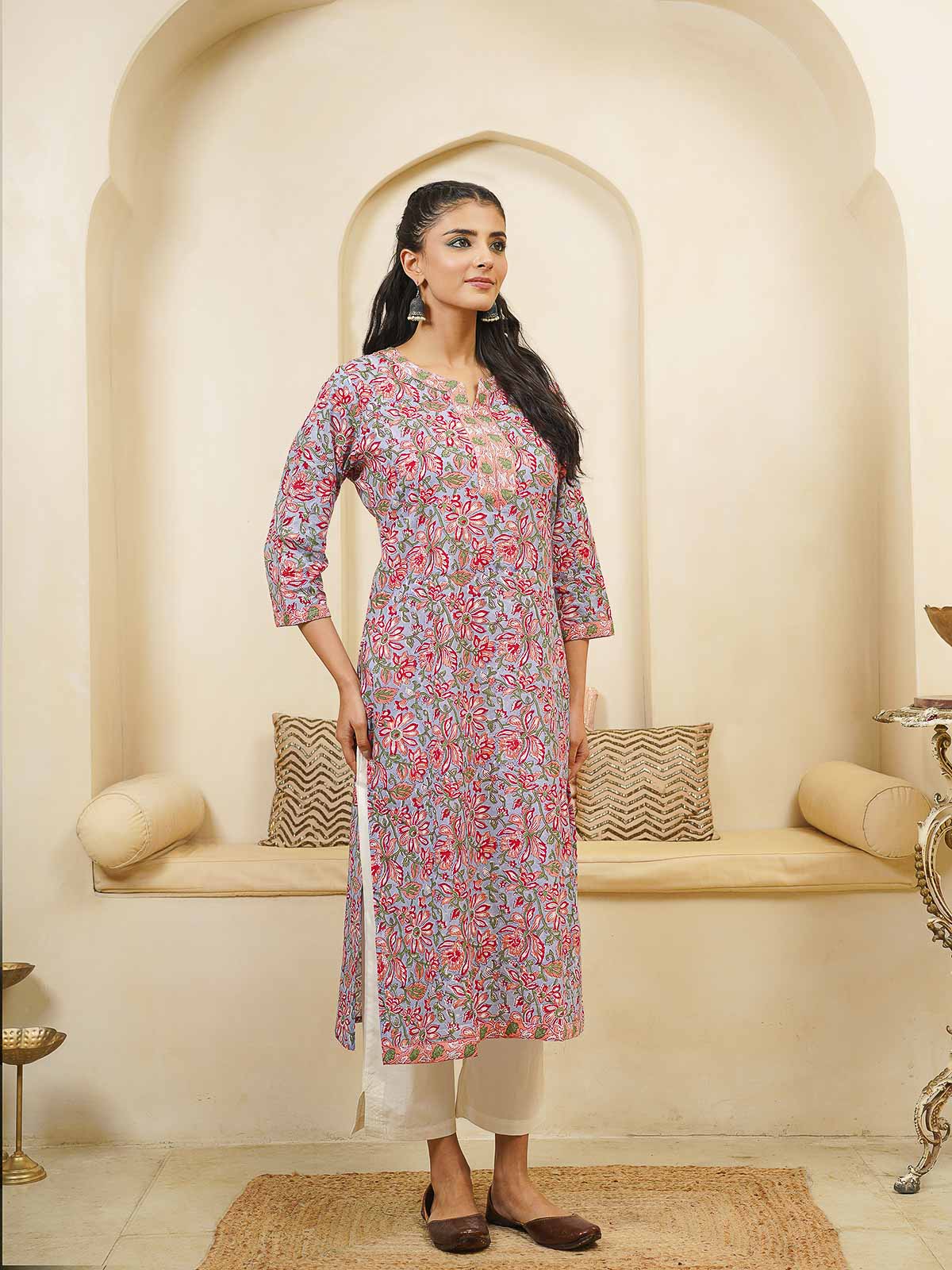 Cotton Block Printed Long Kurta Grey Pink