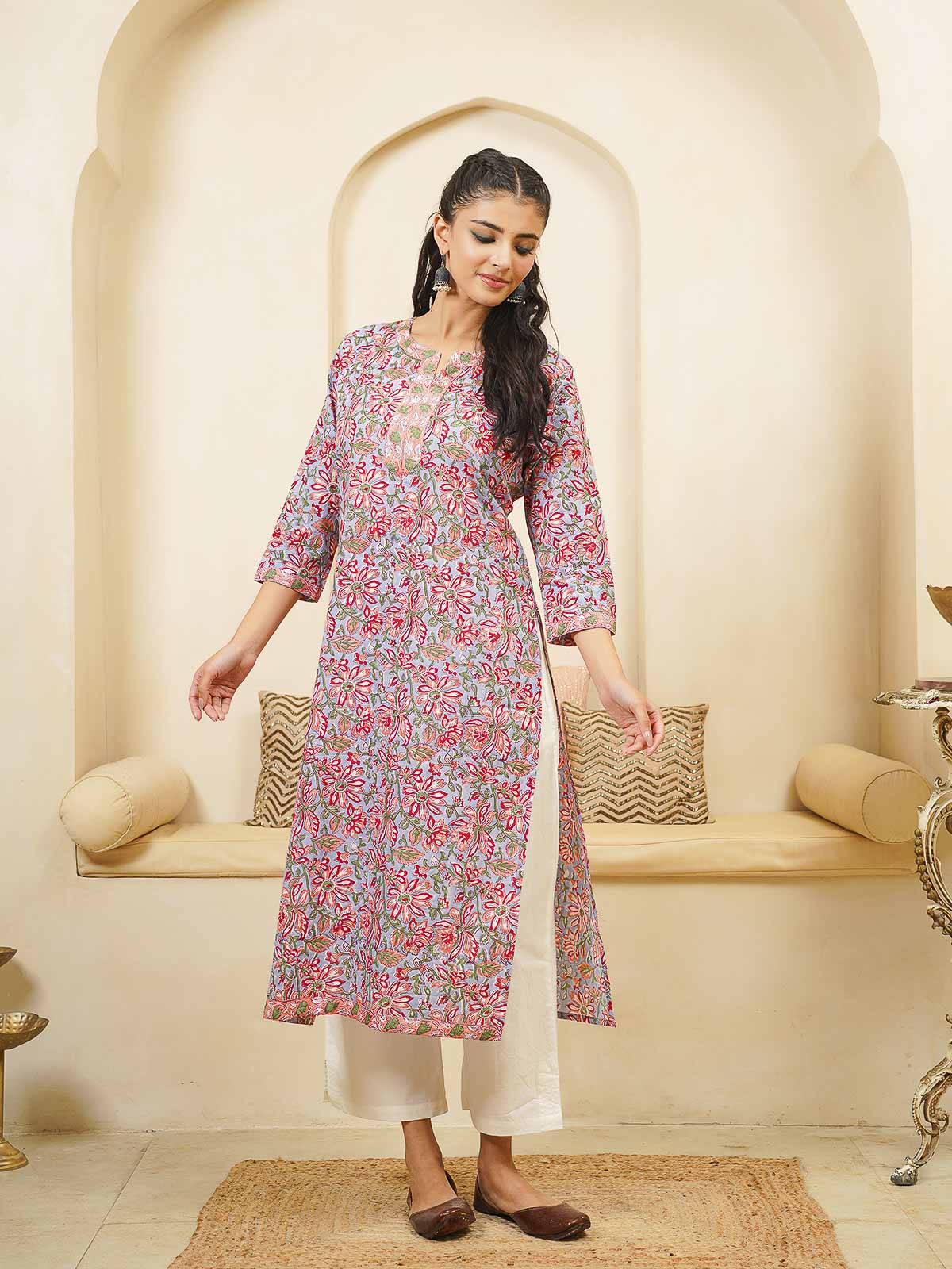 Cotton Block Printed Long Kurta Grey Pink