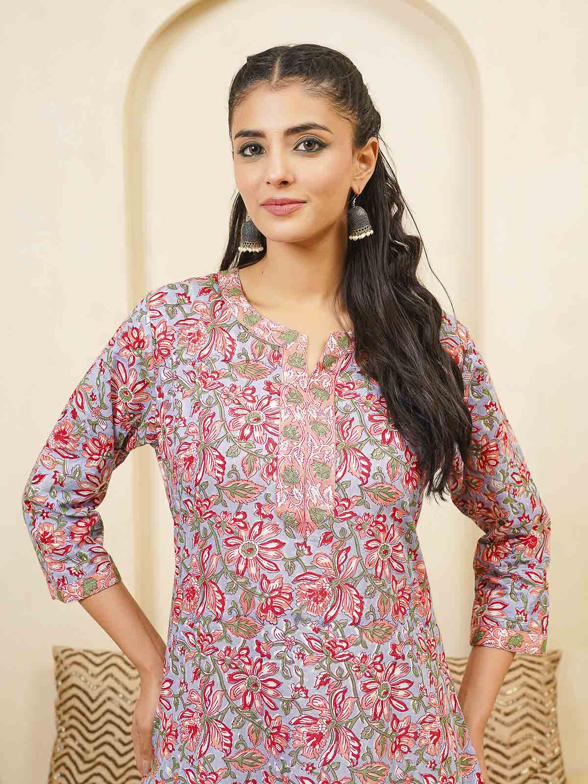 Cotton Block Printed Long Kurta Grey Pink