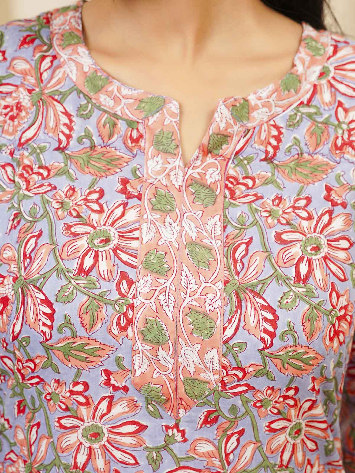 Cotton Block Printed Long Kurta Grey Pink