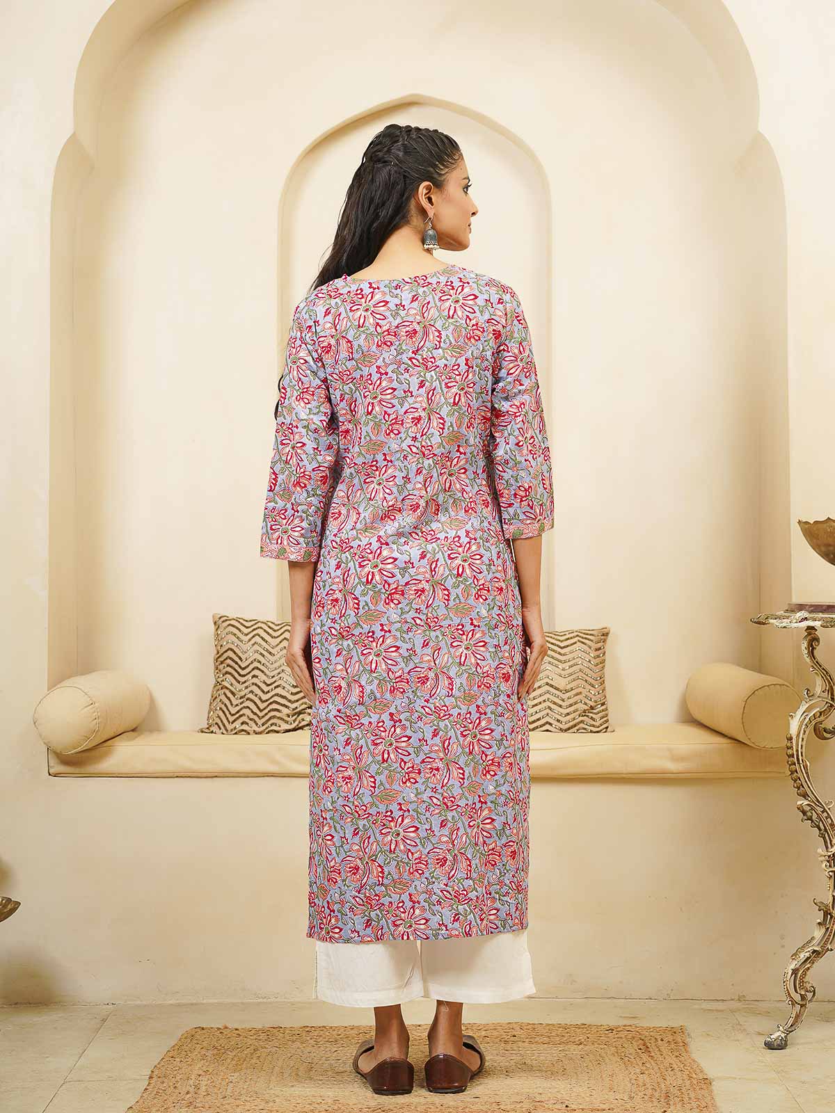 Cotton Block Printed Long Kurta Grey Pink