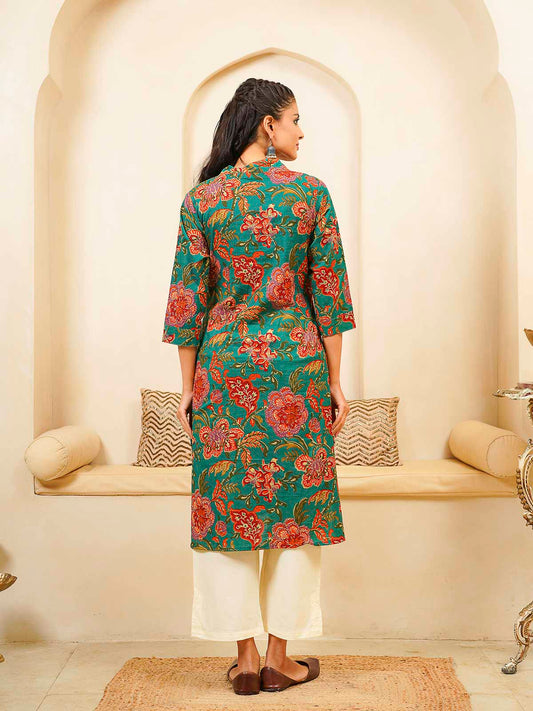 Cotton Printed Straight Kurta Green