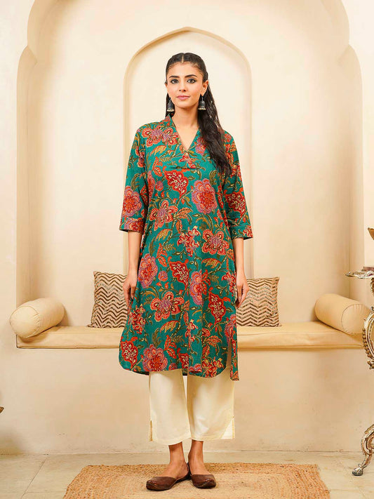 Cotton Printed Straight Kurta Green