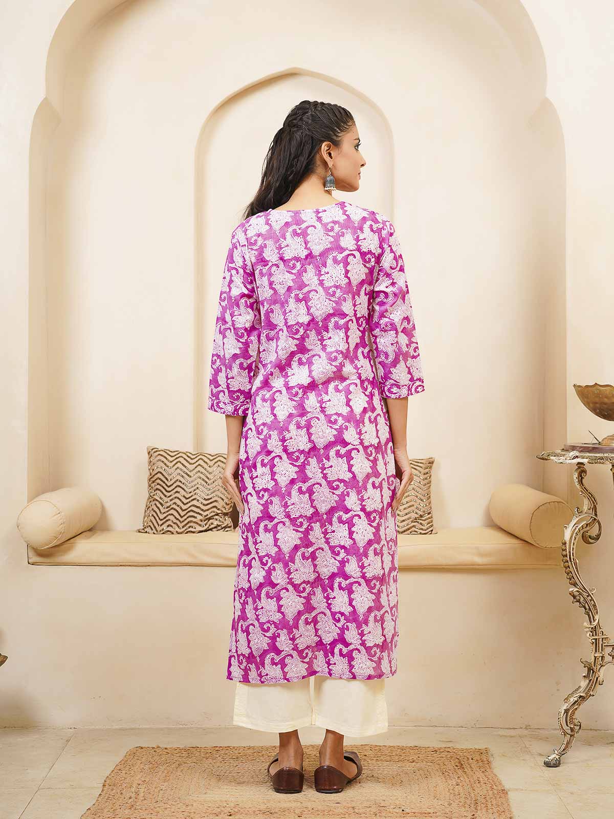 Cotton Block Printed Long Kurta Purple