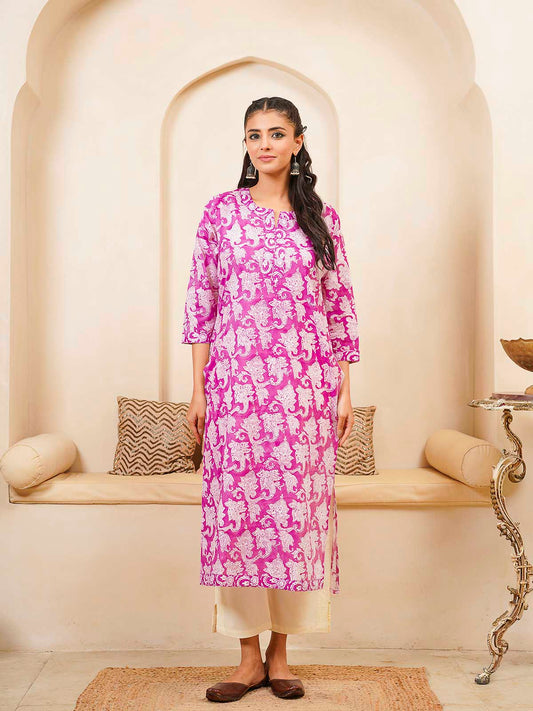 Cotton Block Printed Long Kurta Purple
