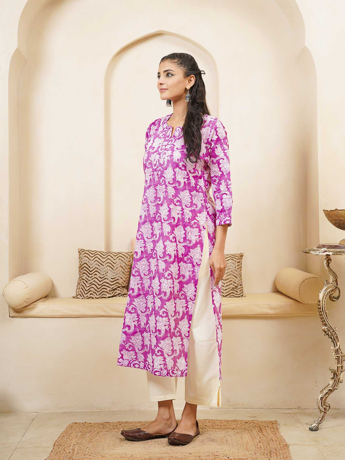 Cotton Block Printed Long Kurta Purple