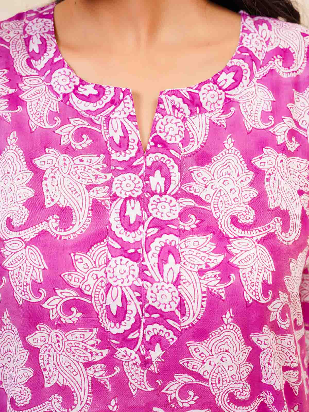 Cotton Block Printed Long Kurta Purple