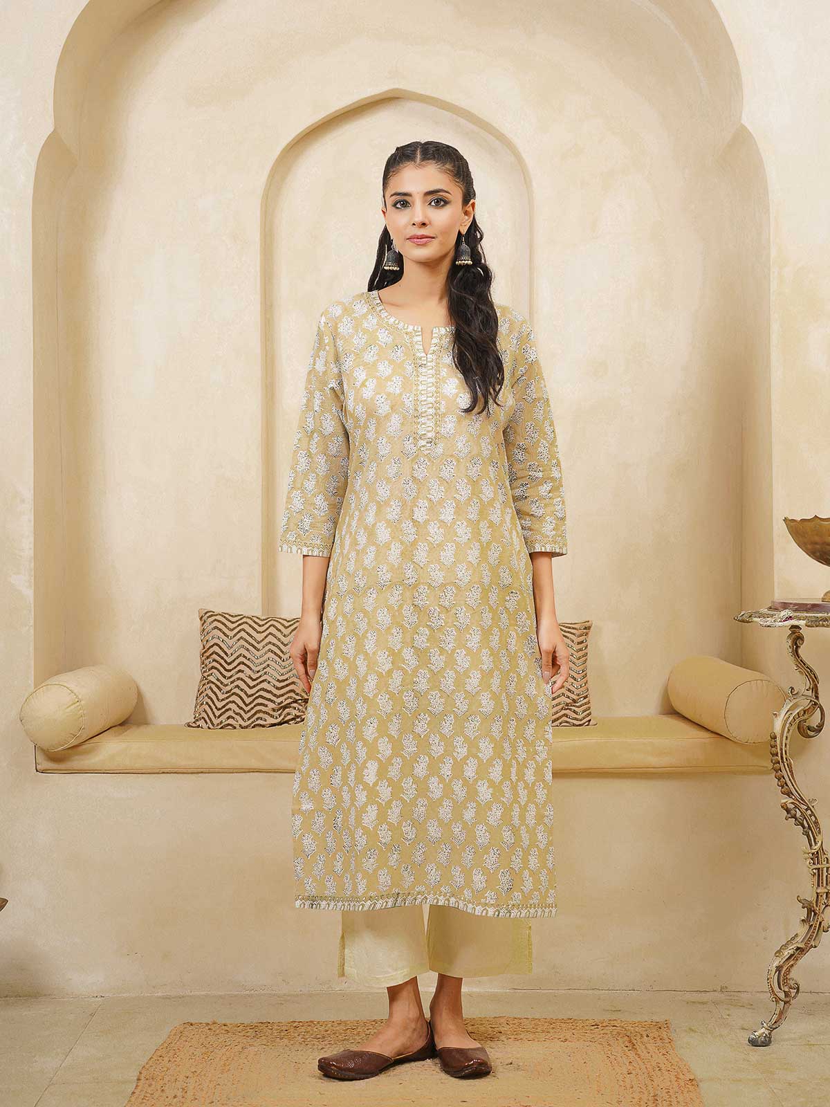 Cotton Block Printed Long Kurta Khaki Booty