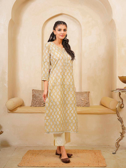 Cotton Block Printed Long Kurta Khaki Booty