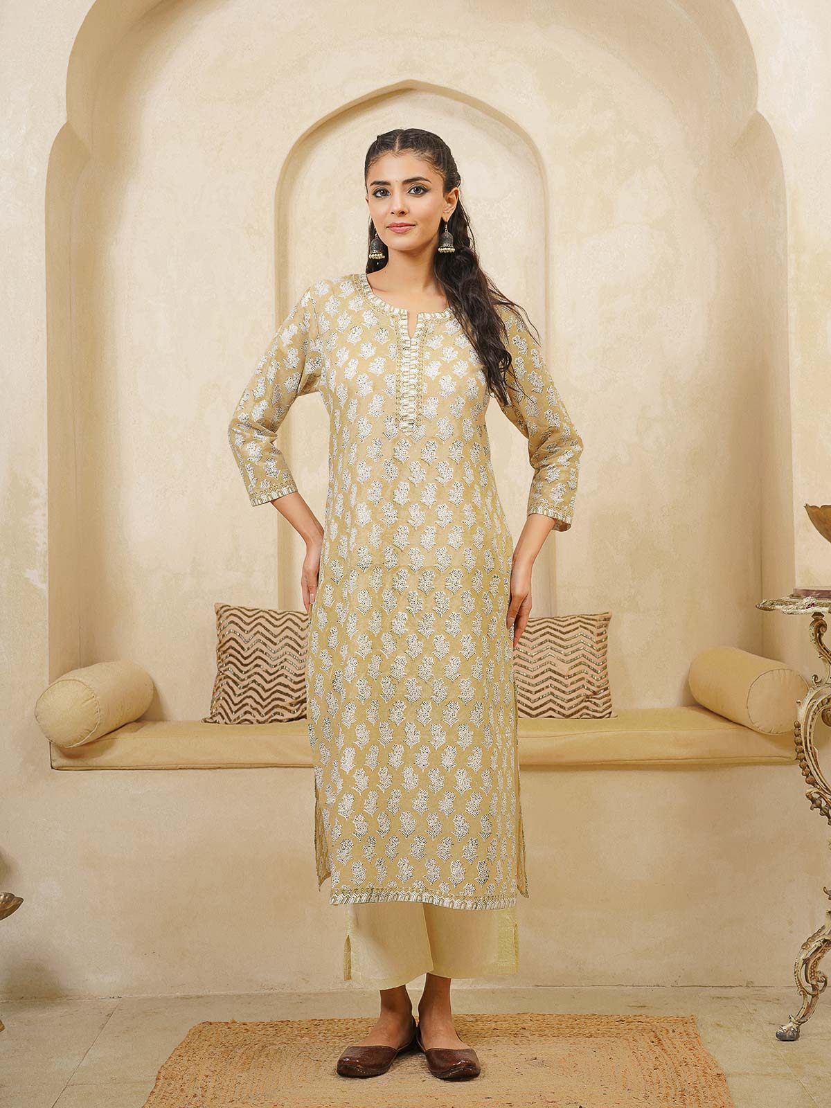 Cotton Block Printed Long Kurta Khaki Booty