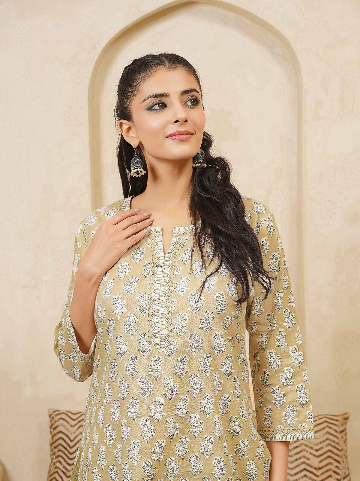 Cotton Block Printed Long Kurta Khaki Booty
