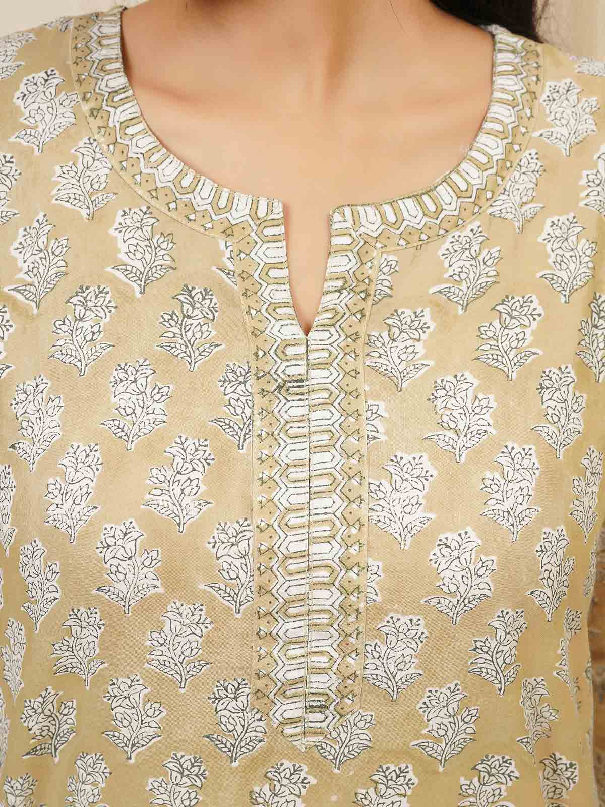 Cotton Block Printed Long Kurta Khaki Booty