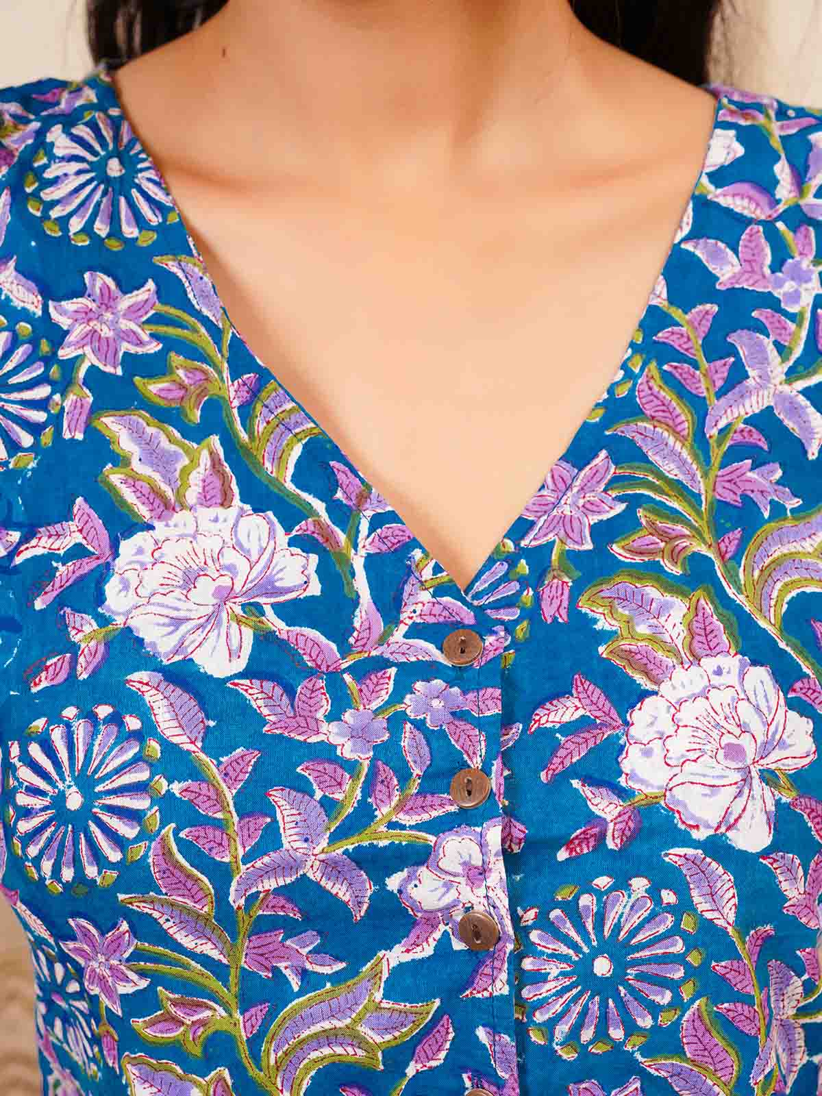Sleeveless Cotton Block Printed Kothi Top Blue