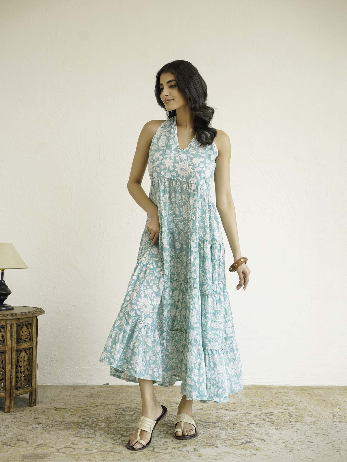 Tiered Halter Neck Dress Light Green