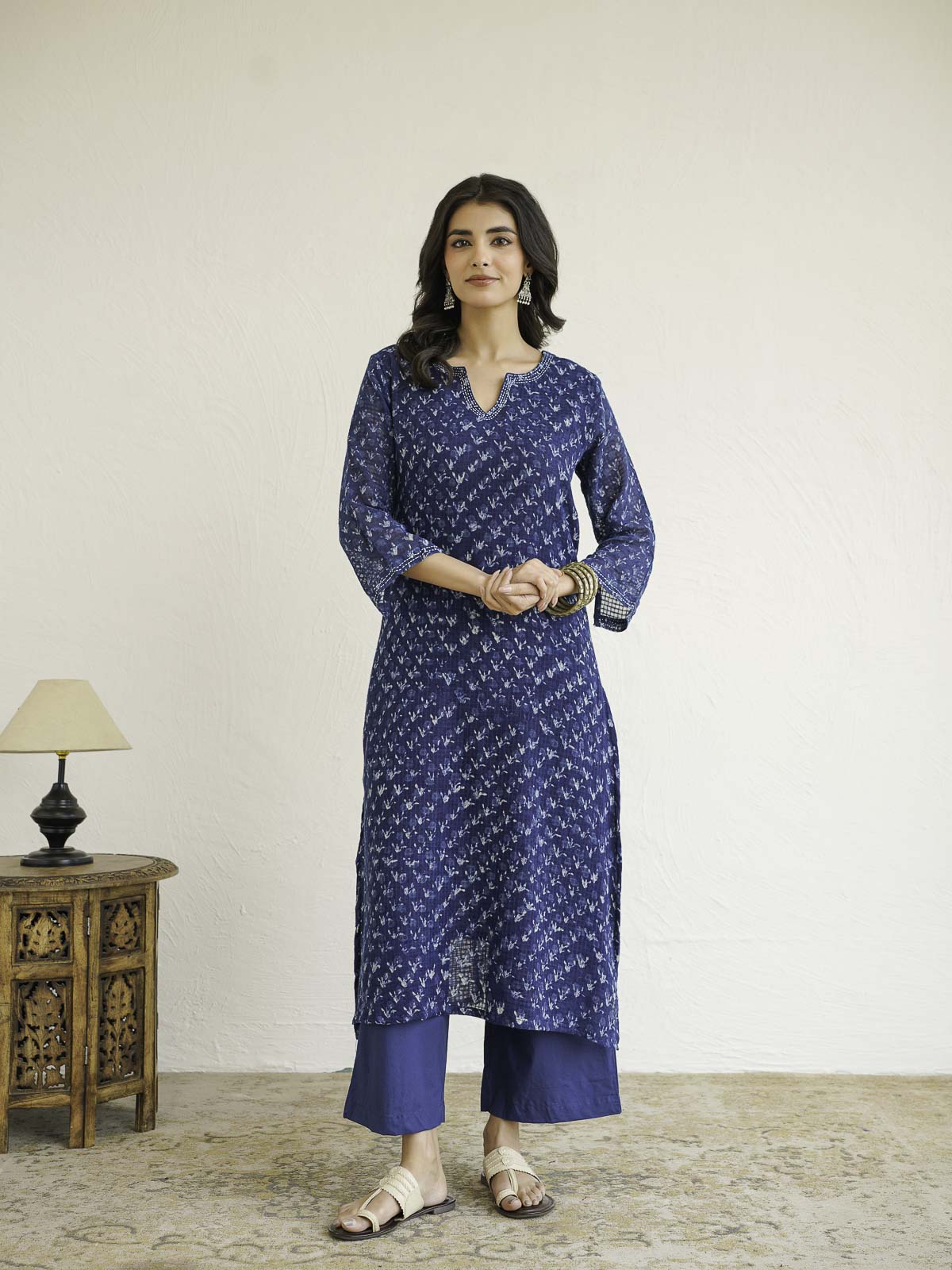 Cotton Printed Kantha Style Set For Women Indigo Patti