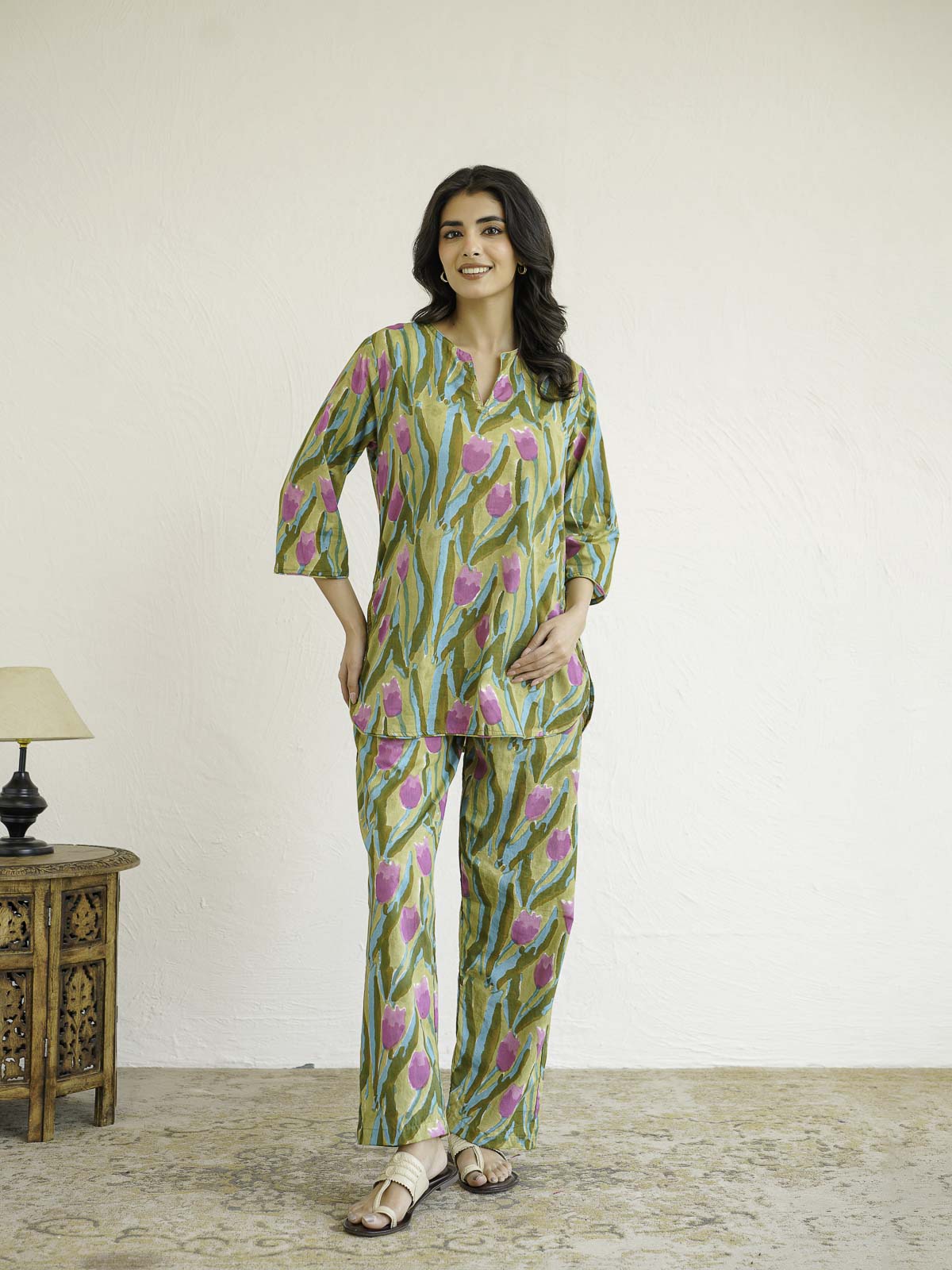 Cotton Printed Lounge Wear Coord Set Green Flower