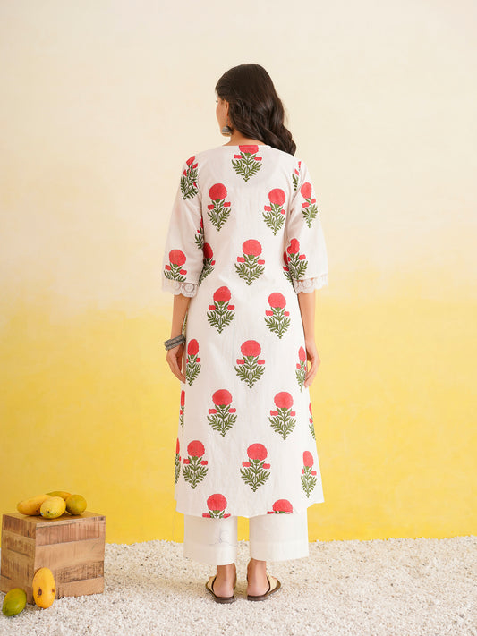 Block Printed A-Line Cotton Kurta Pant Ghazal Set White