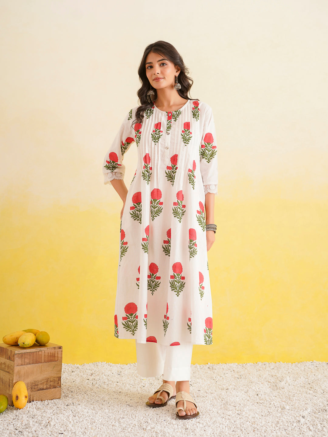 Block Printed A-Line Cotton Kurta Pant Ghazal Set White