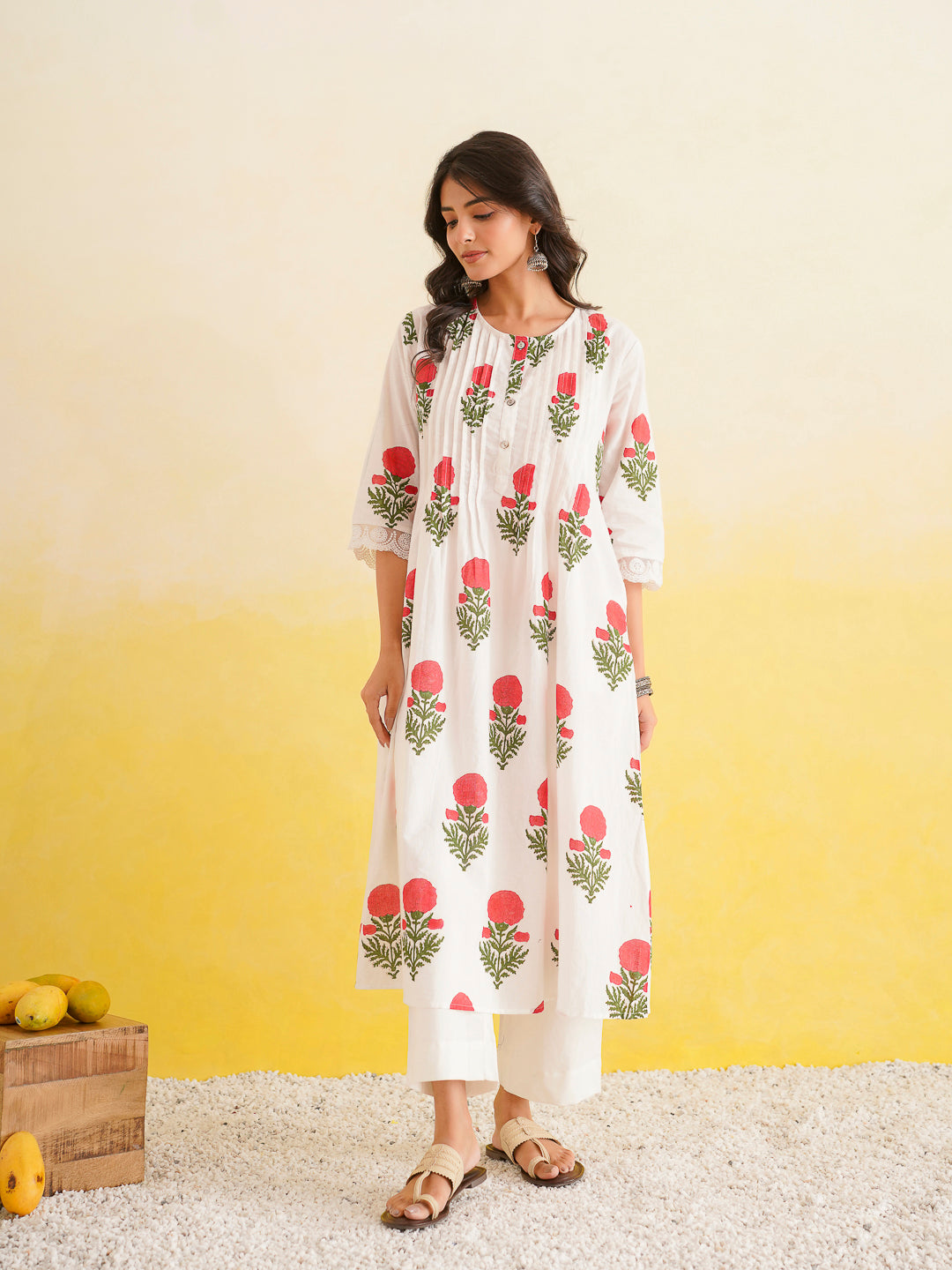 Block Printed A-Line Cotton Kurta Pant Ghazal Set White