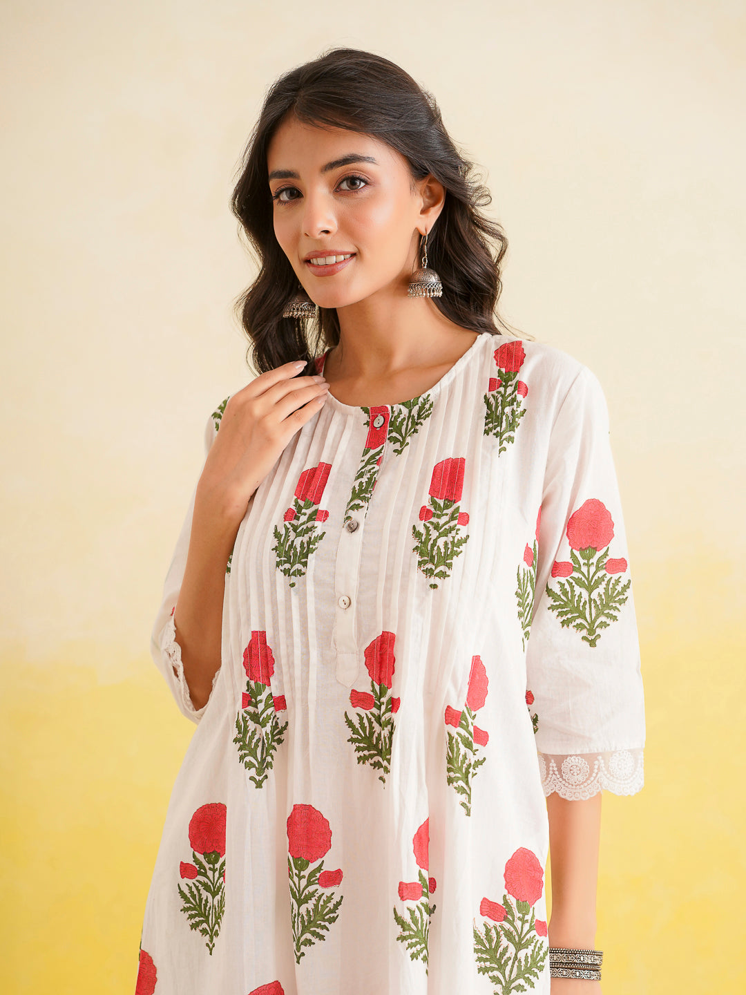 Block Printed A-Line Cotton Kurta Pant Ghazal Set White