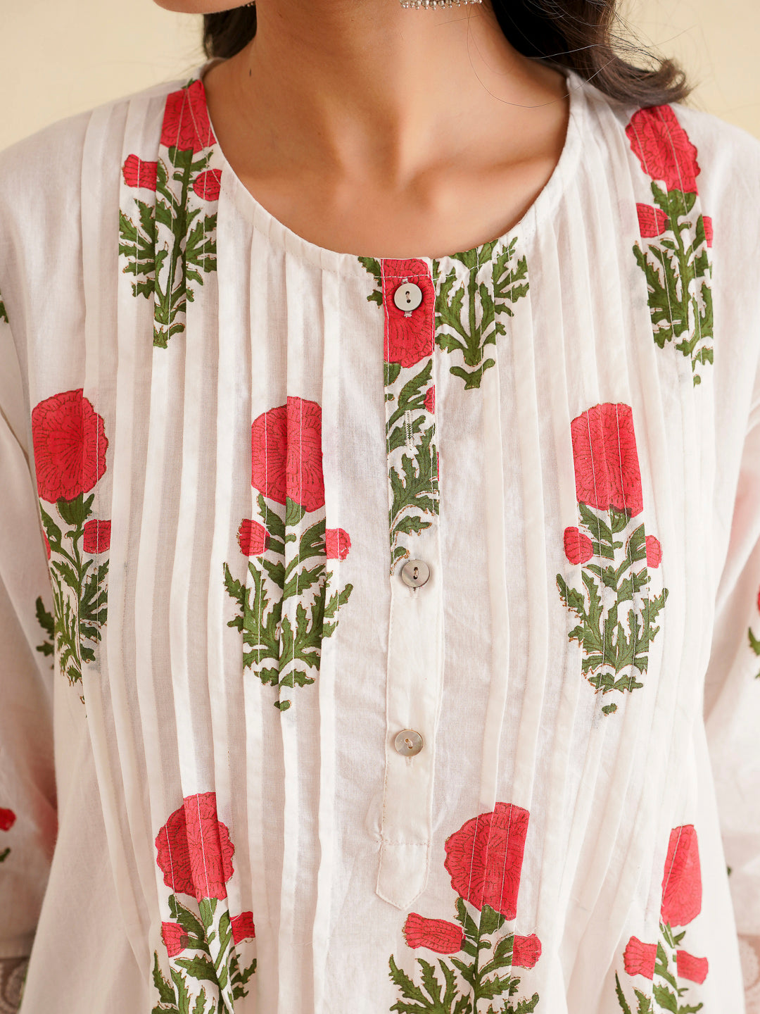 Block Printed A-Line Cotton Kurta Pant Ghazal Set White