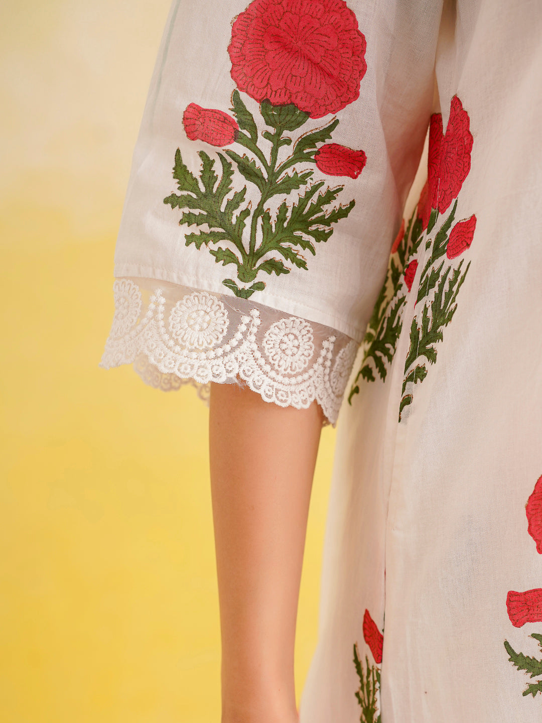 Block Printed A-Line Cotton Kurta Pant Ghazal Set White