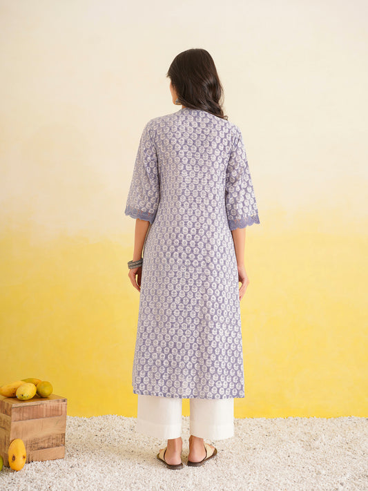 Block Printed A-Line Cotton Kurta Pant Ghazal Set Lavender