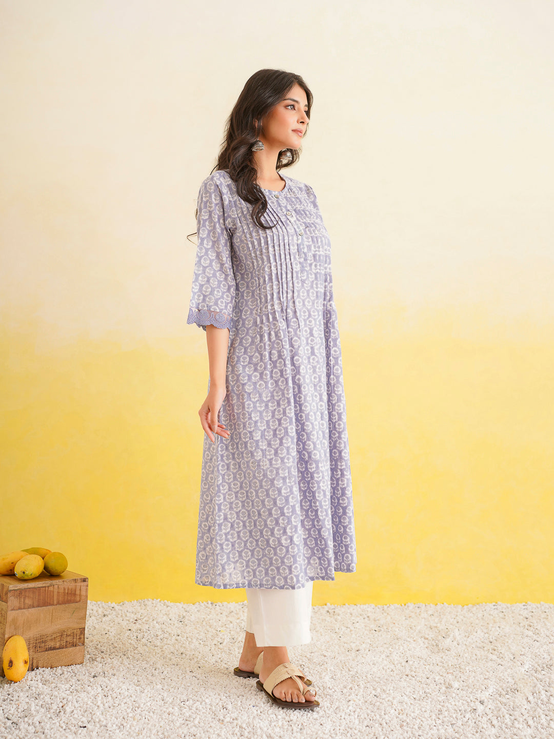 Block Printed A-Line Cotton Kurta Pant Ghazal Set Lavender