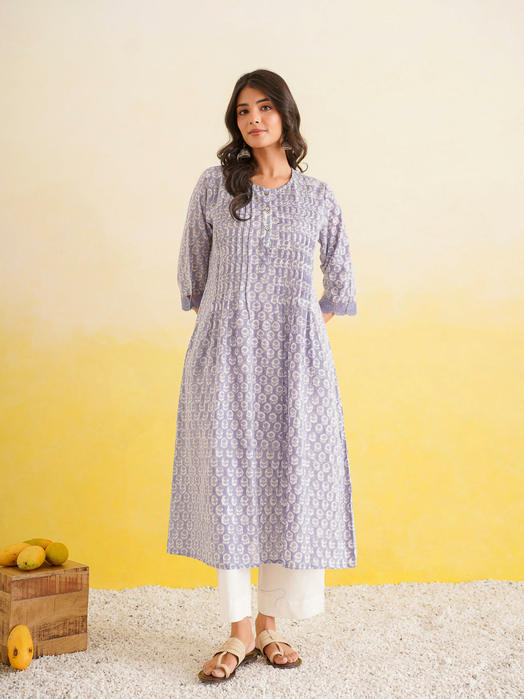 Block Printed A-Line Cotton Kurta Pant Ghazal Set Lavender