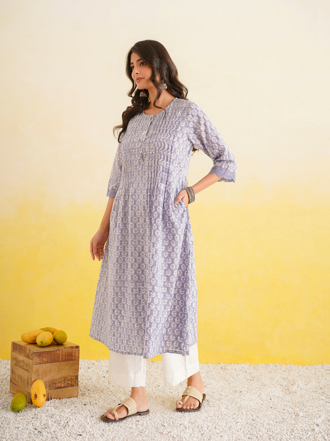 Block Printed A-Line Cotton Kurta Pant Ghazal Set Lavender