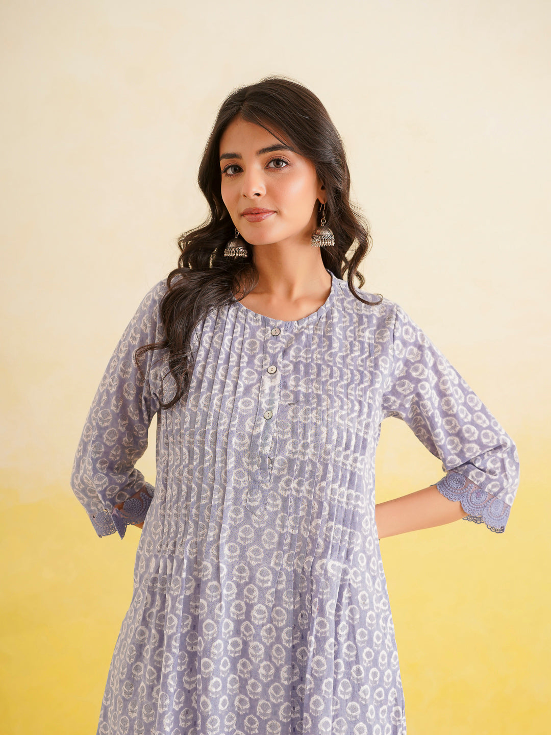 Block Printed A-Line Cotton Kurta Pant Ghazal Set Lavender