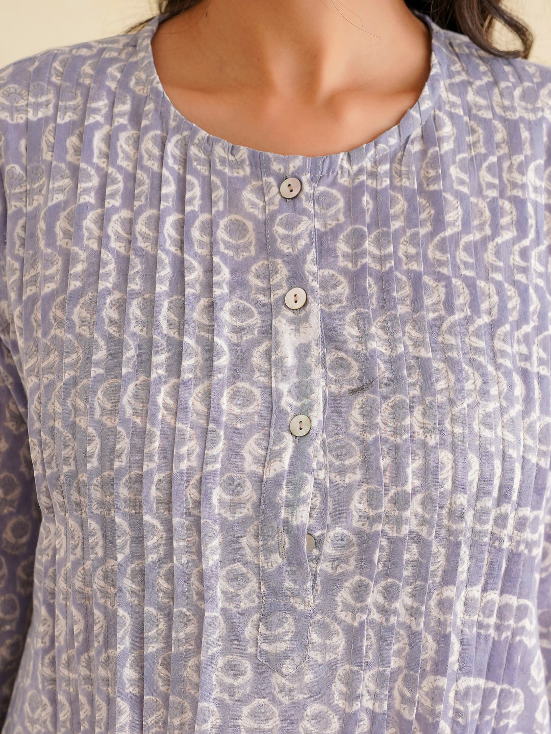 Block Printed A-Line Cotton Kurta Pant Ghazal Set Lavender