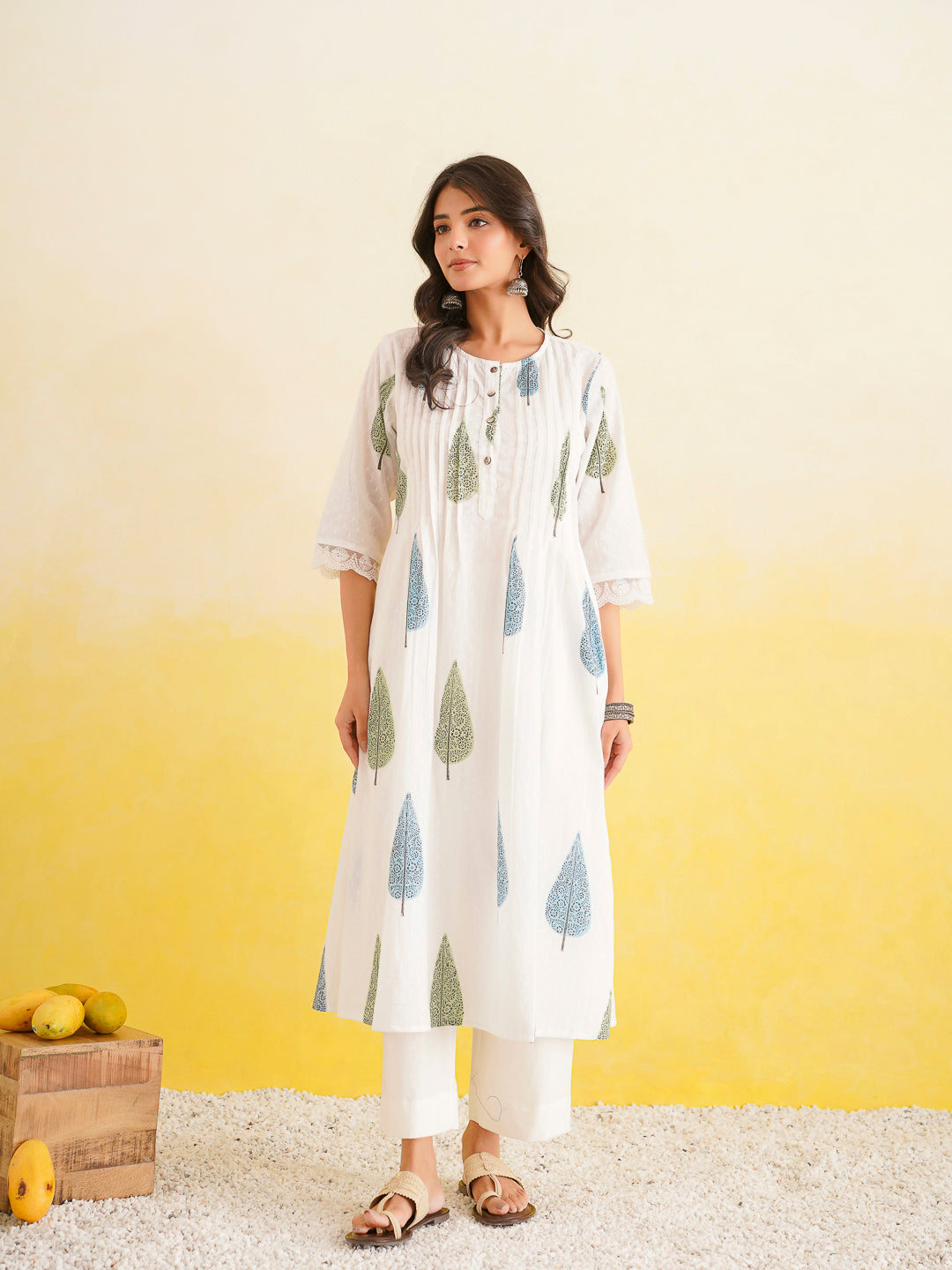 Block Printed A-Line Cotton Kurta Pant Ghazal Set White-Patti