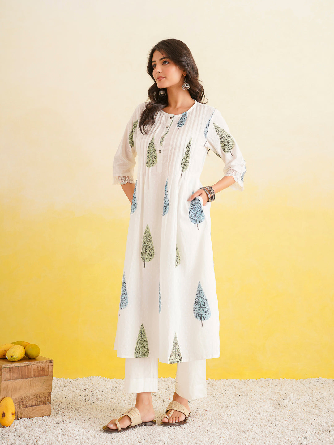 Block Printed A-Line Cotton Kurta Pant Ghazal Set White-Patti