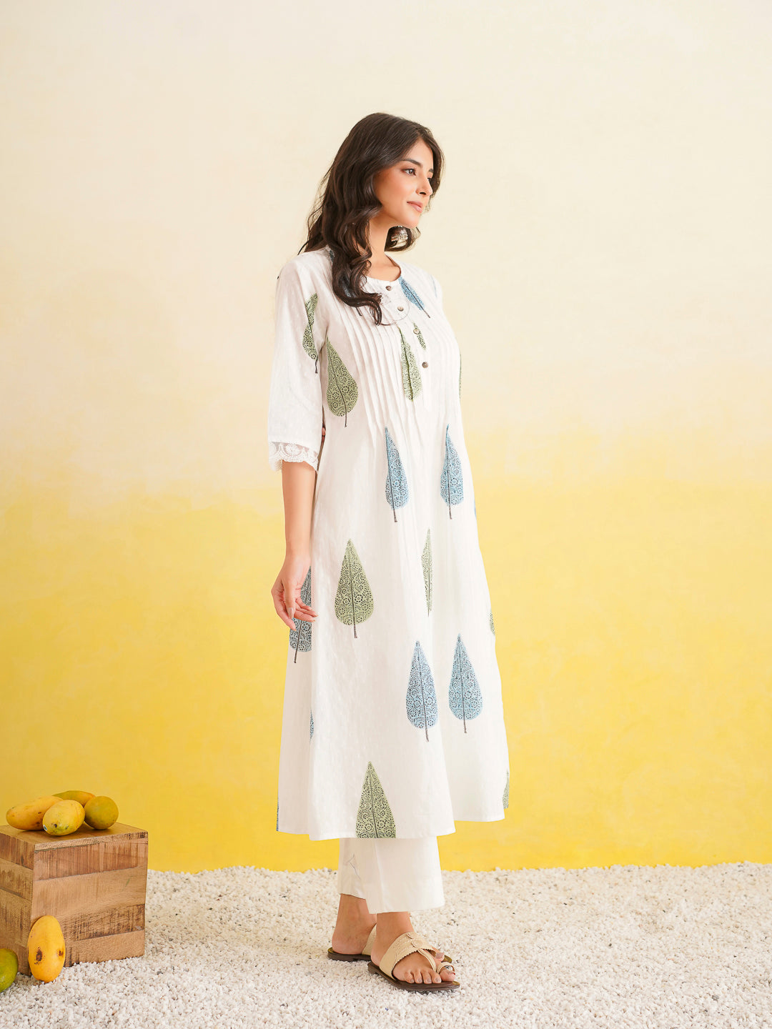 Block Printed A-Line Cotton Kurta Pant Ghazal Set White-Patti